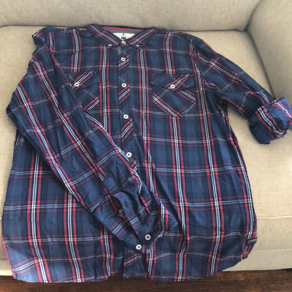 Plaid button down long sleeve blue and red shirt
